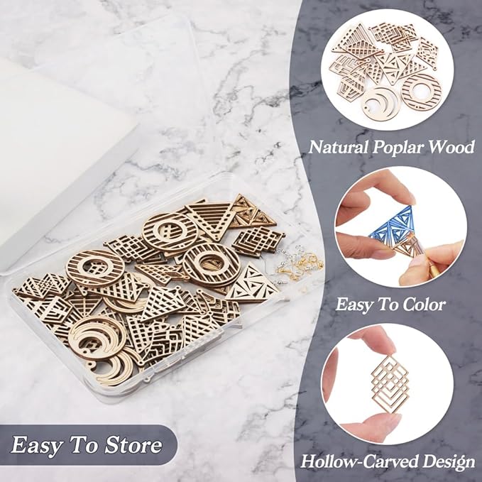 48pcs Wooden Earring Charms Unfinished Natural Wood Filigree Pendants in Round & Triangle & Rhombus & Kite & Tree Shape with Earring Hooks & Jump Rings for Boho Earring DIY Jewelry Making