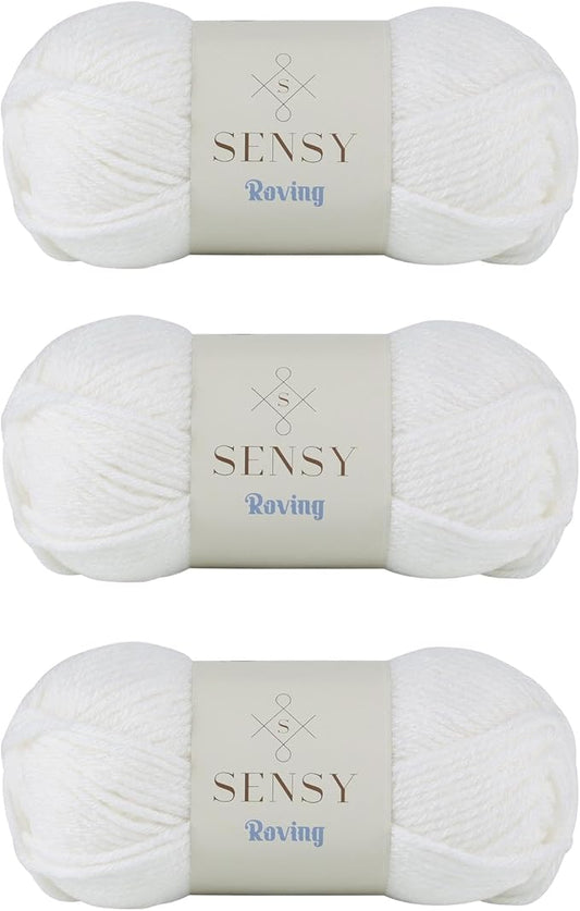 3 Skeins of Sensy Roving Yarn, 3.5 oz, 132 Yards, Gauge 5 Bulky (White)