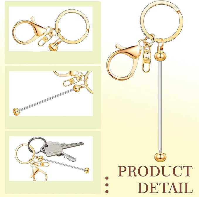6 Pcs Beadable Keychain Bars Bulk for Beads DIY Blank Keychain Metal Beaded Keychains for Bead Key Chain Making Kit Crafts Gift Gold