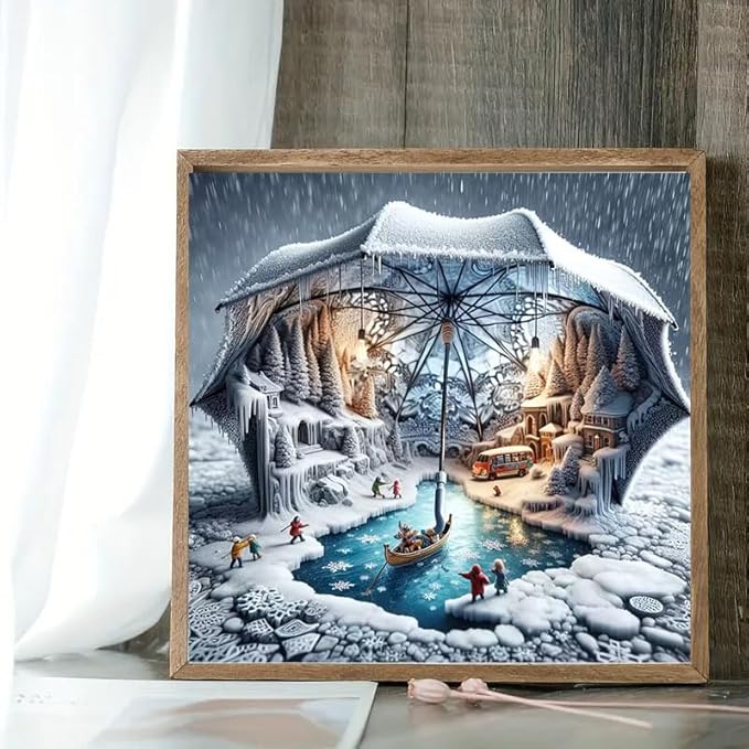 CXYQLC DIY Enchanting Winter Scene with Umbrella 5D Diamond Painting Kits for Adults, Diamond Art Winter Snowy Village Diamond Painting Full Drill Craft Kits for Home Wall Decor Gifts 11.8x11.8inch