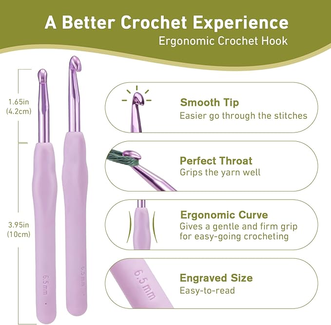 6.5mm Crochet Hook, Supers Smooth 6.5 mm Ergonomic Crochet Hooks for Beginner, Comfort for Arthritic, 1 Pack