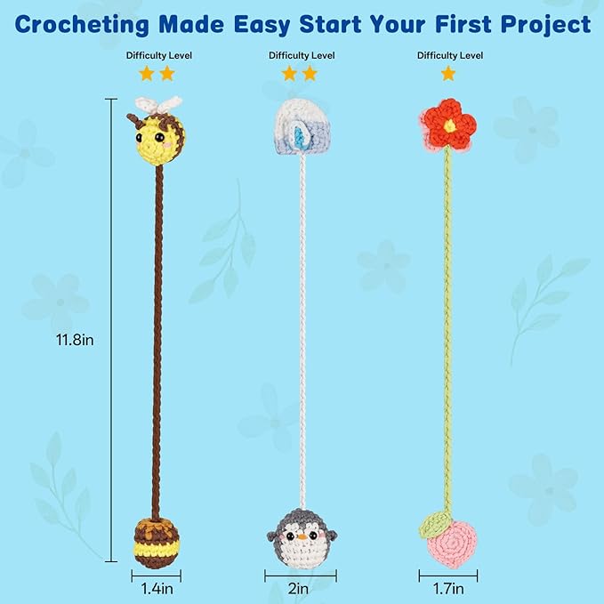 WaldyWop Crochet Kit for Beginners: 3 Animal & Flower Bookmarks Knitting Kits for Starter w/Easy Yarn, Crochet Hook&Easy Video Tutorials-Wobbles Crochet Animal Kit for Adults, Birthday Gifts for Women