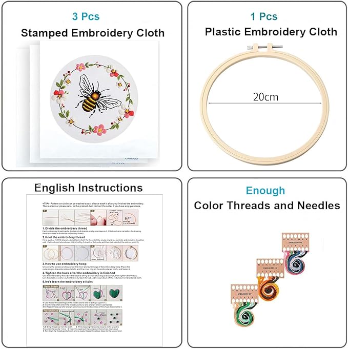 konrisa embroidery kits for adults beginner, european style bees collect honey stamped embroidery starter kit,diy sewing practice, needlepoint cross stitch kit,set of 3