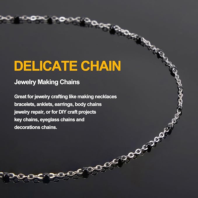 KYUNHOO 16.4FT/5M Black Enamel Beaded Chain for Jewelry Making Silver Cable Link Roll Stainless Steel Jewelry Chain for Necklace Bracelet DIY