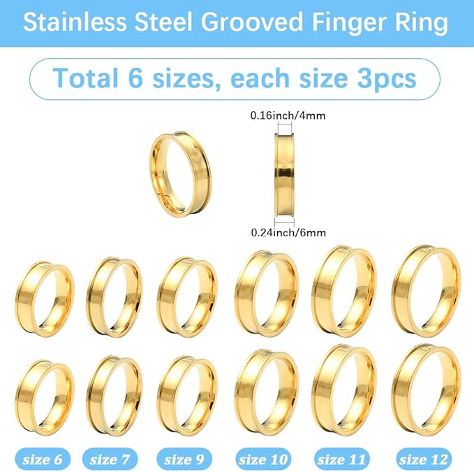 SUNNYCLUE 1 Box 6 Sizes 18Pcs Stainless Steel Ring Blanks Gold Inlay Ring Kit 6mm Wide Round Metal Empty Core Grooved US Size 7/8/9/10/11/12 Finger Findings for Jewelry Making Crafts Necklaces Adults