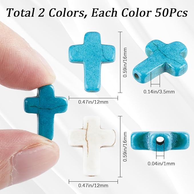 SUNNYCLUE 1 Box 100Pcs Cross Beads Bulk White Blue Synthetic Turquoise Stone Beads Easter Holiday Pocket Crosses 16x12mm Mini Small Loose Spacer Cross Beads for Jewelry Making DIY Beading Supplies