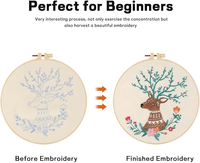 JOINRUN Beginner Embroidery Kit for Adults, Deer Cross Stitch Kits with 7.9" Hoop, Threads, Needles, Learn Stitches with Pre-Printed Patterns, Video Tutorial, DIY Needlework Craft Gift for Women