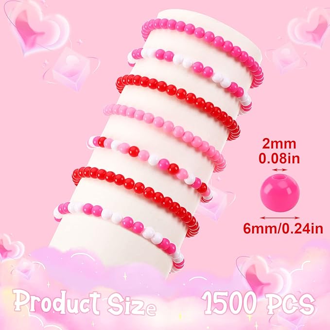 UPINS 1500Pcs Valentines Beads for Making Crafts Pink Rose Red White Beads Plastic Small Valentine Day Spacer Beads Hair Beads for Crafts Supplies