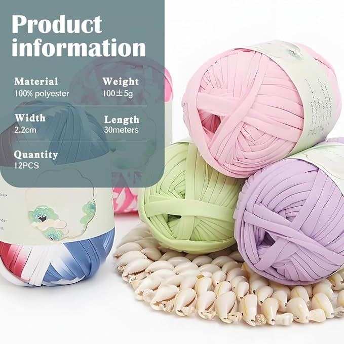 12 PCS T-Shirt Yarn Elastic Fabric Crochet for DIY Knitting, Spaghetti Knitting Yarn for DIY Bag Blanket Cushion Crocheting Projects,Home Decor(White+Yellow+Red+Rose Red+Orange+Beige Pink)