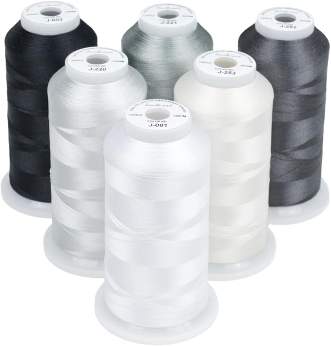 Simthread 6 Spools Embroidery Thread Set, 3000 Yards 40WT 100% Polyester Trilobal Machine Thread for Professional & Home Use, Compatible with Brother, Singer, Janome & More, Black White Gray