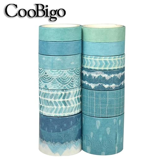 CooBigo Washi Tape Set, 12 Rolls 4 Size Decorative Masking Washi Tapes for Craft, Scrapbook, DIY, Planners, Gift Wrapping (Blue Track)
