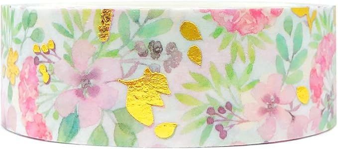 allydrew Gold and Silver Foil Washi Masking Tape, 15mm x 5M, Pink Flowers