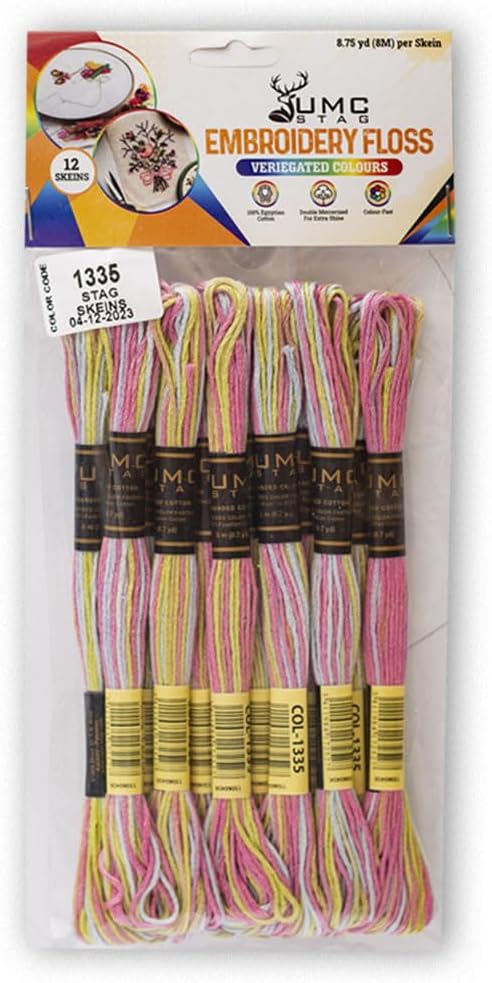 Pack of 12 Premium Embroidery Thread | 100% Egyptian Cotton Premium Skeins | Cross Stitch Embroidery Floss | Oeko TEX Certified | Ideal for Arts & Crafts (Pastel Rainbow Variegated 1335)