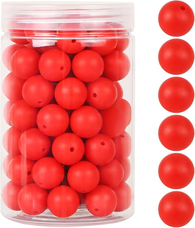110 Pcs Silicone Focal Beads, EVERMARKET 15mm Silicone Beads for Keychain Making, Round Silicone Beads Bulk with Bottle, Rubber Loose Beads for Pens Crafts Necklace Bracelet Lanyard (Red)