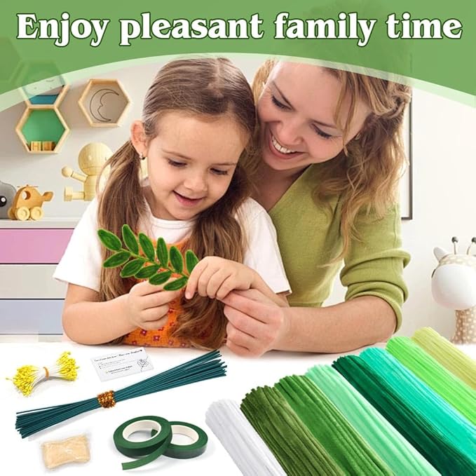985-Piece Jumbo Size Premium Muti-Color Pipe Cleaner Craft Kit with Floral Supplies - Chenille Stems, Flower Wires, Stamens & Video Tutorial for Wedding Decorations (Green White Set, Jumbo Craft Set)