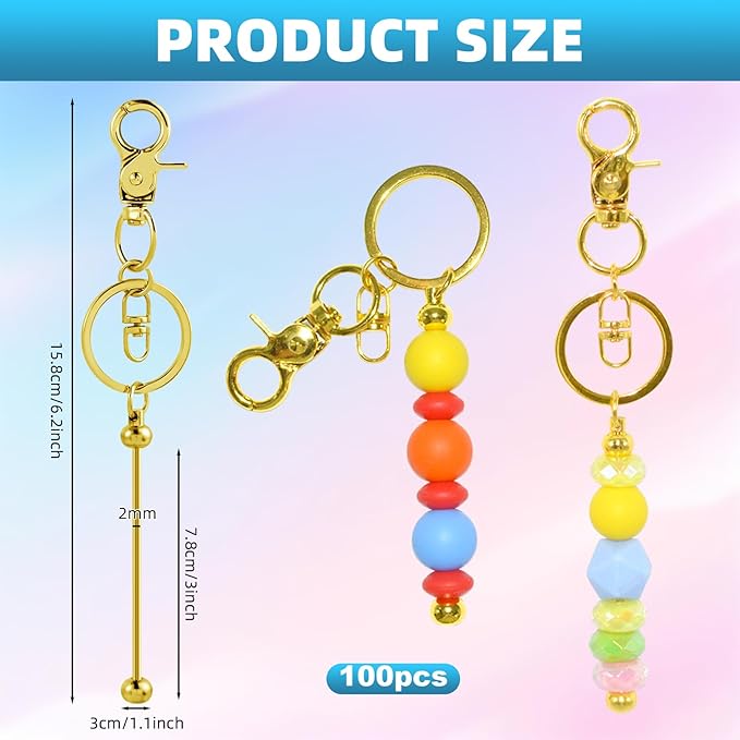 100 Pcs Beadable Keychains Bulk Kit – DIY Keychain Making Supplies with Metal Blanks for Crafts, Jewelry, Charms, Custom Projects – Blank Chain Bars for Beaded Keychain Design (Golden)