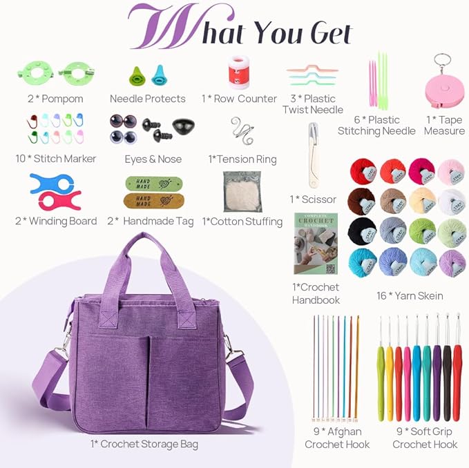Lewhoo Crochet Kits for Beginner Adults, All Inclusive Crochet Set with 9 Size Crochet Hooks, Afghan Crochet Needles 2.0-6.0mm, 1136 Yards Yarn Skeins Balls,Knitting Kits Storage Organizer