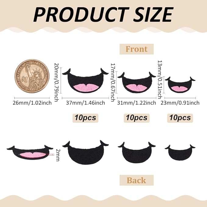 FINGERINSPIRE 30 PCS Felt Mouth for Dolls 3 Size Pink Black Felts Mouths Felts Craft Doll Mouths Safety Felt Mouth for Adults Crafts Puppet Teddy Bear Crochet Stuffies Plush Animals DIY Accessories
