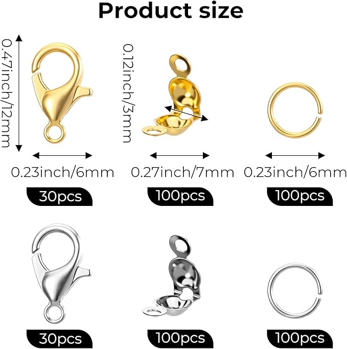 460 Pcs Lobster Claw Clasps for Keychains Bracelet Clasps and Closures Bead Tips Knot Covers Guage Open Jump Ring Brooch Necklace Bracelet DIY Set for Jewelry Making Supplies Bracelets (Gold, Silver)