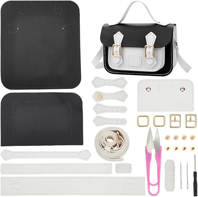 WADORN DIY Crossbody Bag Making Kits, PU Leather Shoulder Bag Sewing Set with Instruction Handmade Satchel Handbag Making Kit Purse Sewing Kit for Women Handicraft Gift, 9.8x3.5x6.7 Inch(Black+White)