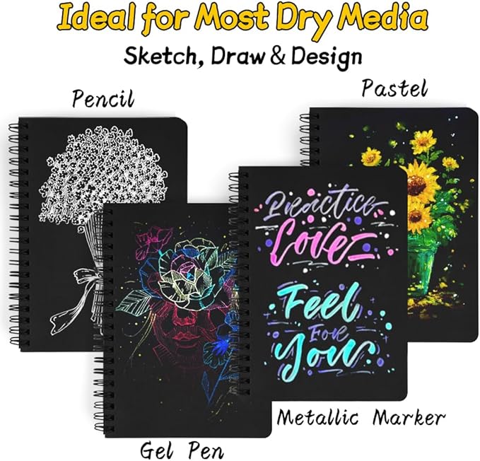 5" x 7" Black Paper Mixed Media Sketch Book,Spiral Bound Art Sketchbook,70 Sheet 110GSM Black Acid Free Paper,Art Journal Sketchbook for Drawing Writing Sketching Illustration