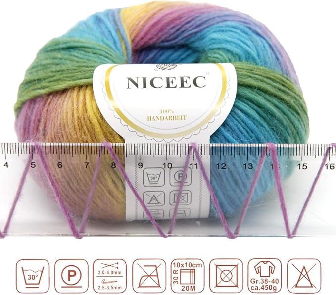 2 Skeins Rainbow Soft Yarn 100% Wool Gradient Multi Color Yarn for Crocheting Knit Total Length 180m×2(196yds×2,50g×2)-24