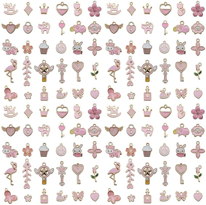 Youdiyla 60pcs Alloy enamel pink series fixed set Pendant Jewelry Making DIY Keychain Earrings Pendant Various Design Charms for Jewelry Making Bracelets Necklace (HK549)