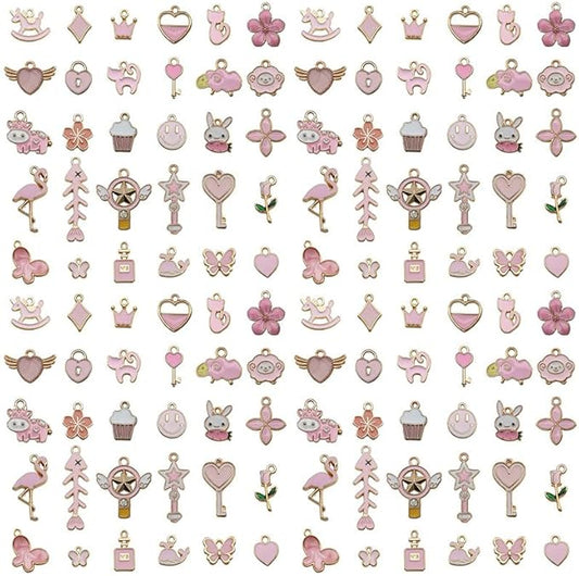 Youdiyla 60pcs Alloy enamel pink series fixed set Pendant Jewelry Making DIY Keychain Earrings Pendant Various Design Charms for Jewelry Making Bracelets Necklace (HK549)