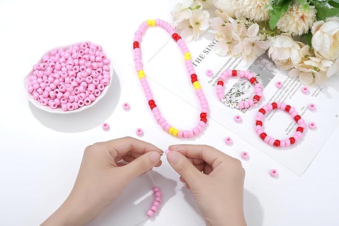 1000Pcs Pink Pony Beads 6x9mm Beads for Crafts Bracelets, Hair Bead for Braids, Plastic Clay Pony Bulk Perler Kandi Bead for Necklace Keychain Jewelry Making (Pink)