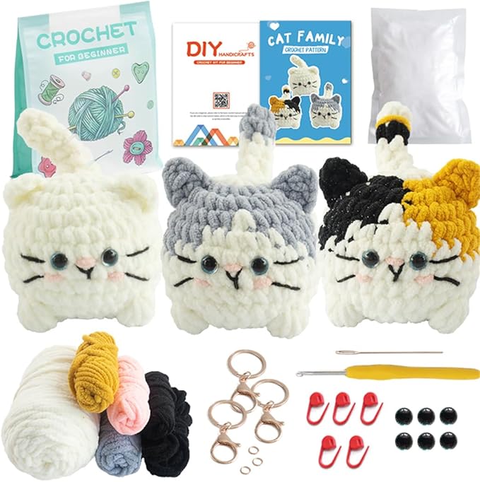 Linhao Jew Crochet Kit for Beginners – Cat Crochet Kit Keychain with Pre-Started Easy Yarn, Step-by-Step Video Tutorials for Adults & Kids DIY Crafts (Kitten)