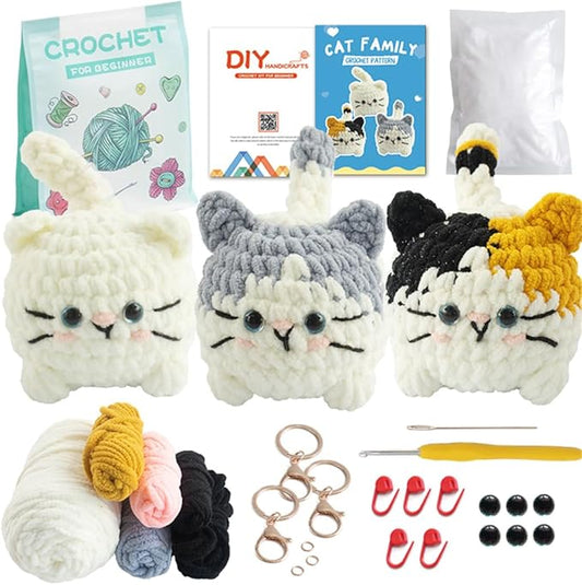 Linhao Jew Crochet Kit for Beginners – Cat Crochet Kit Keychain with Pre-Started Easy Yarn, Step-by-Step Video Tutorials for Adults & Kids DIY Crafts (Kitten)