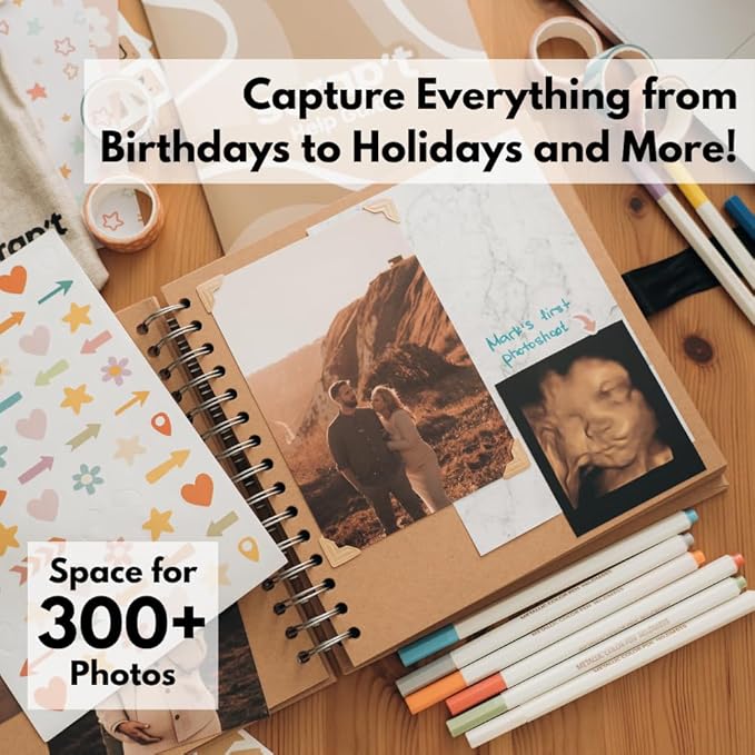 scrapbook kit - 80 page photo album diy scrapbook - holds 300+ photos, with metallic pens, 150+ stickers, glue pen, washi tapes, backing paper, photo corner stickers (starter kit - 8 x 8 inch, kraft)