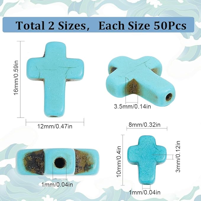 SUNNYCLUE 1 Box 100Pcs Cross Beads Bulk Blue Synthetic Turquoise Stone Cross Bead Charms Mini Small Pocket Crosses Tiny Easter Holiday Crucifix Beads for Jewelry Making Beading Kits Craft Supplies