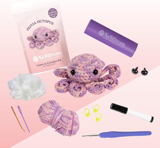KelliDream Magic Circle Tool Inclusive Learn to Crochet Kit for Beginners; Step-by-Step Video Tutorials; All Supplies to Make Cute Amigurumi (Octopus)