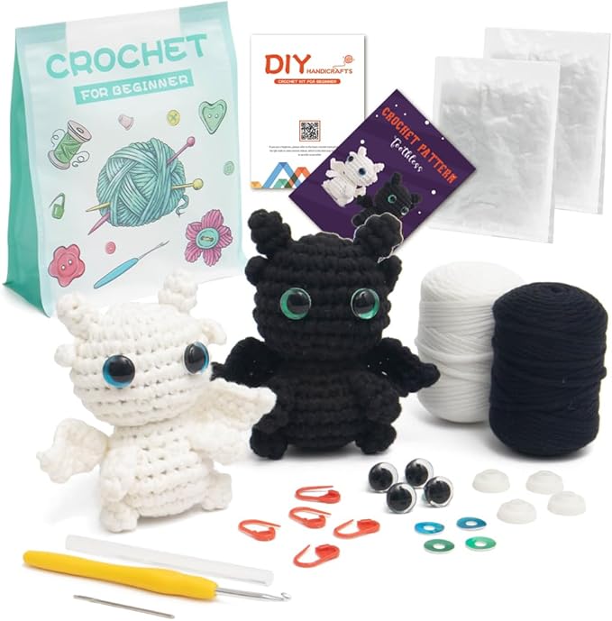 Crochet kit for Beginners, White and Black Toothless Crochet Animals kit, Learn to Crochet Knitting kit, with Step by Step Guide Video, Prefect for Gifts, with tutorials Yarns Hook