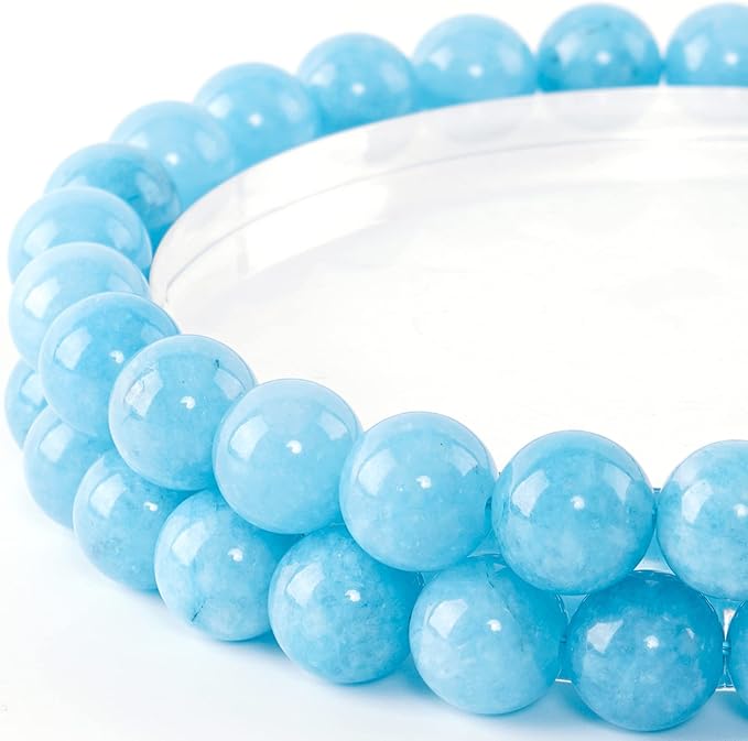 10mm Natural Blue Jades Chalcedony Round Bead - 35PCS Bulk Gemstone Beads for Jewelry Making, DIY Bracelets, Necklaces - Includes Crystal Stretch Cord - Stone Beads for Crafting Gifts