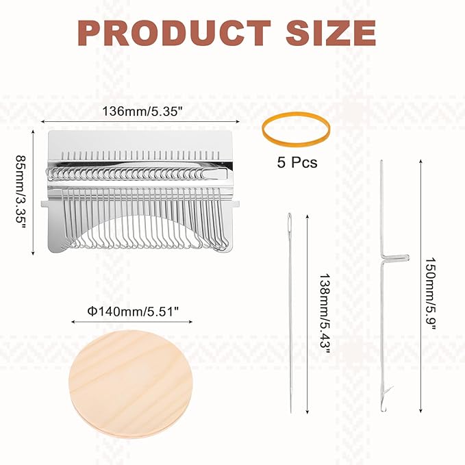 MECCANIXITY Mini Darning Loom, 28 Hooks Wood Weaving Knitting Machine with Knitting Needles for Repair Jeans Socks DIY Craft, Knit Patch Loom Weave Tool, Silver