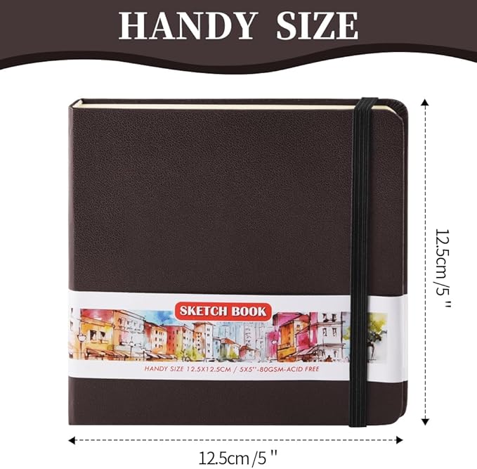 Square 5x5 inches 80gsm 96sheets/192 Pages Notebooks Blank Sketchbooks Travel Journal Pocket Hardcover Paint Writing Diary Memo Planner PU Leather Cover. Dark Brown
