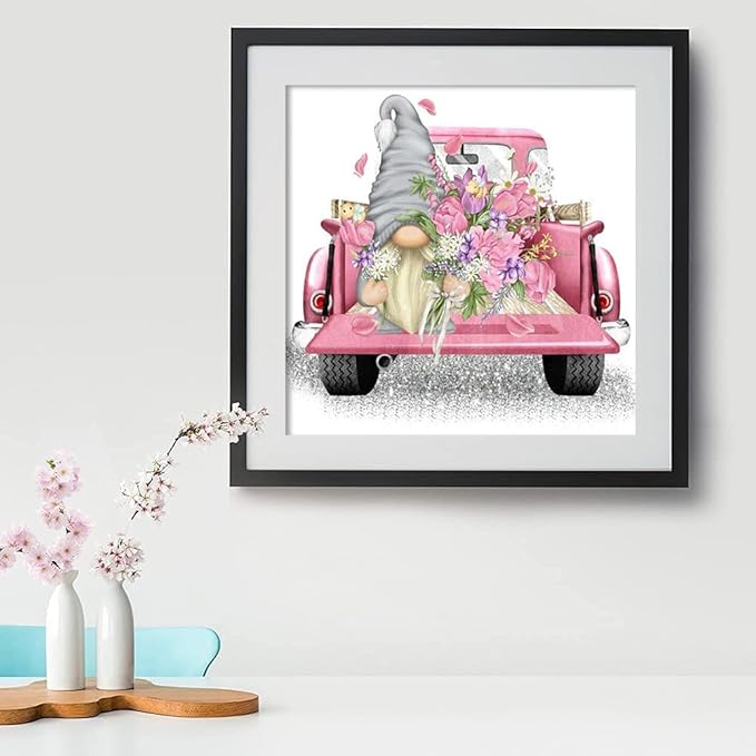 Tiwabb Stamped Cross Stitch Kits,Gnome Truck Flower Cross Stitch Kits for Adults Beginners,Full Range of Cross-Stitch Stamped Kits Needlecrafts for Home Wall Decor Cross Stitch Patterns 13.8x13.8inch