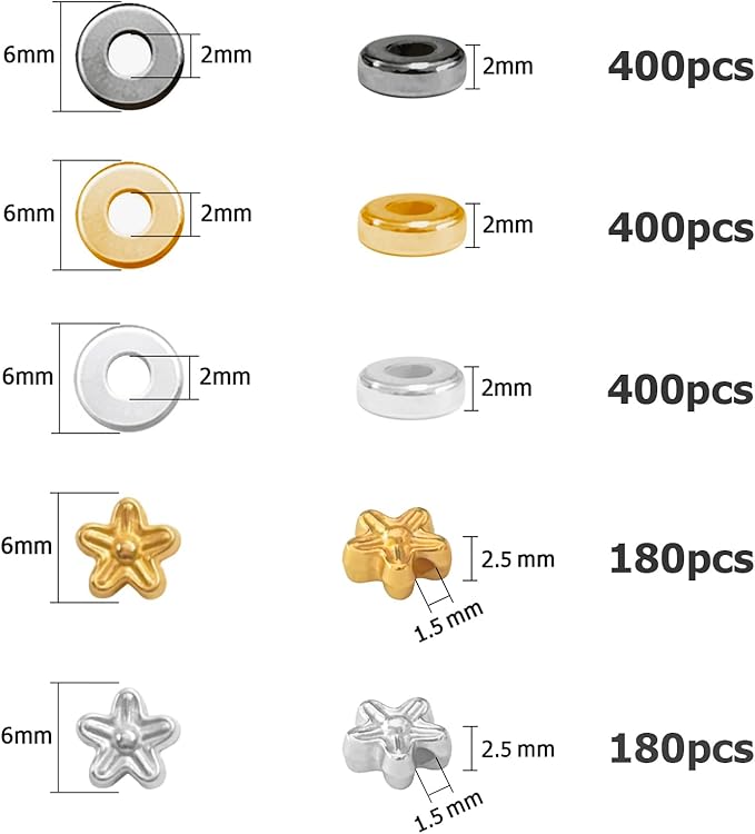 6mm Flat Round Spacer Beads, 1560pcs (360flower), Gold, Silver, Black, Flower-shaped, Plastic (Copper Coated), Round, Loose Beads