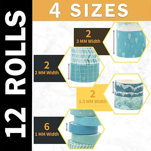 CCINEE 12 Rolls Washi Tape Set,Blue Decorative Masking Tape Assortment for Planner Bullet Journal Scrapbooking Craft Supply