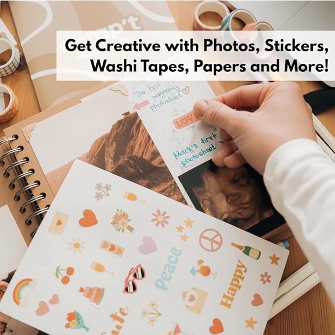 scrapbook kit - 80 page photo album diy scrapbook - holds 300+ photos, with metallic pens, 150+ stickers, glue pen, washi tapes, backing paper, photo corner stickers (starter kit - 8 x 8 inch, kraft)