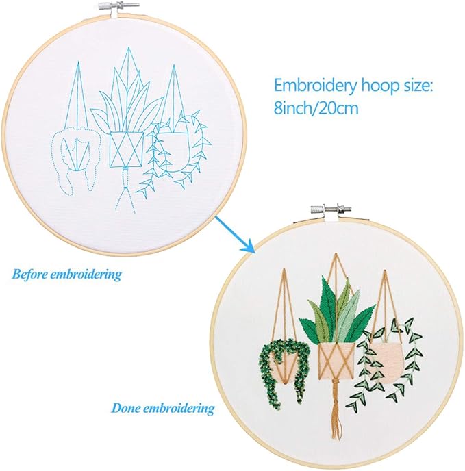 KISSBUTY Full Range of Embroidery Starter Kit with Pattern, Cross Stitch Kit Including Embroidery Fabric with Plant Pattern, Bamboo Embroidery Hoop, Color Threads and Tools Kit (Epipremnum Aureum)