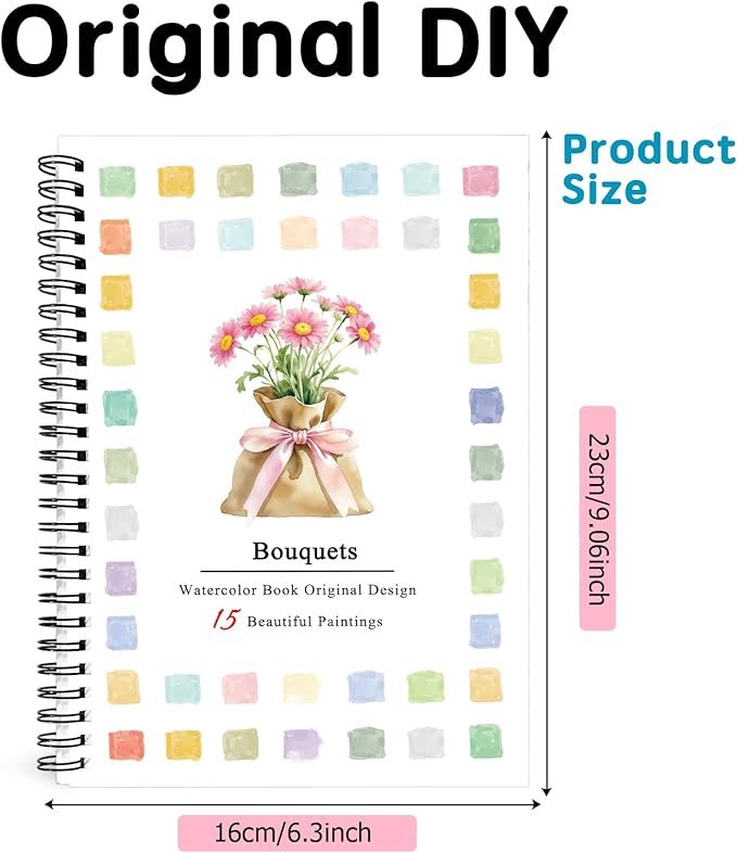SLWBZ Watercolor Workbook Bouquets, 15 Different Patterns of Original DIY Designs, Beginner-Friendly Watercolor Workbooks, (Bouquets, Without Palette)
