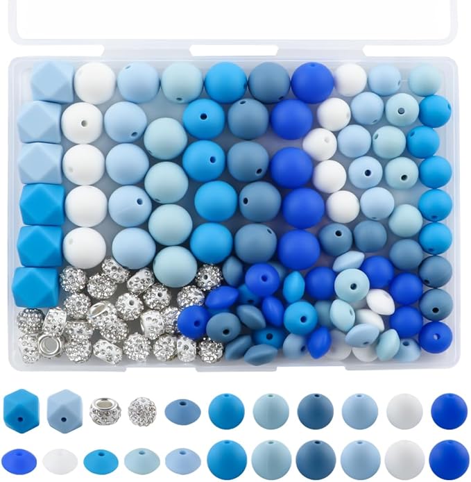 120Pcs Multicolor 12mm 15mm Silicone Beads for Keychain Making, 14mm Hexagon Beads Rhinestone Round Spacer 10mm for DIY Handicrafts(Blue)