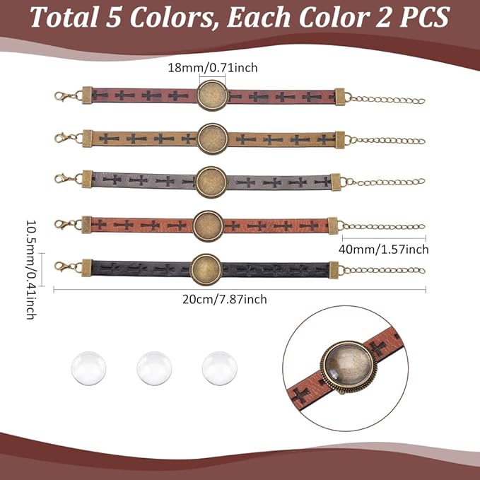 UNICRAFTALE 10Pcs 5 Colors Leather Bracelet Making Kit 18mm Tray Antique Bronze Adjustable Bracelet Hollow Cross PU Leather Bracelet with Flat Round Metal Tray Settings and Glass Cabochons for DIY