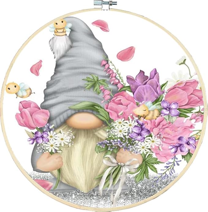 Stamped Cross Stitch Kits with Frame - Gnome Flower Embroidery Kits for Beginners Adults,11 CT Patterns Dimensions Counted Cross Stitch Kits Arts Craft Kits 7.8 x 7.8in
