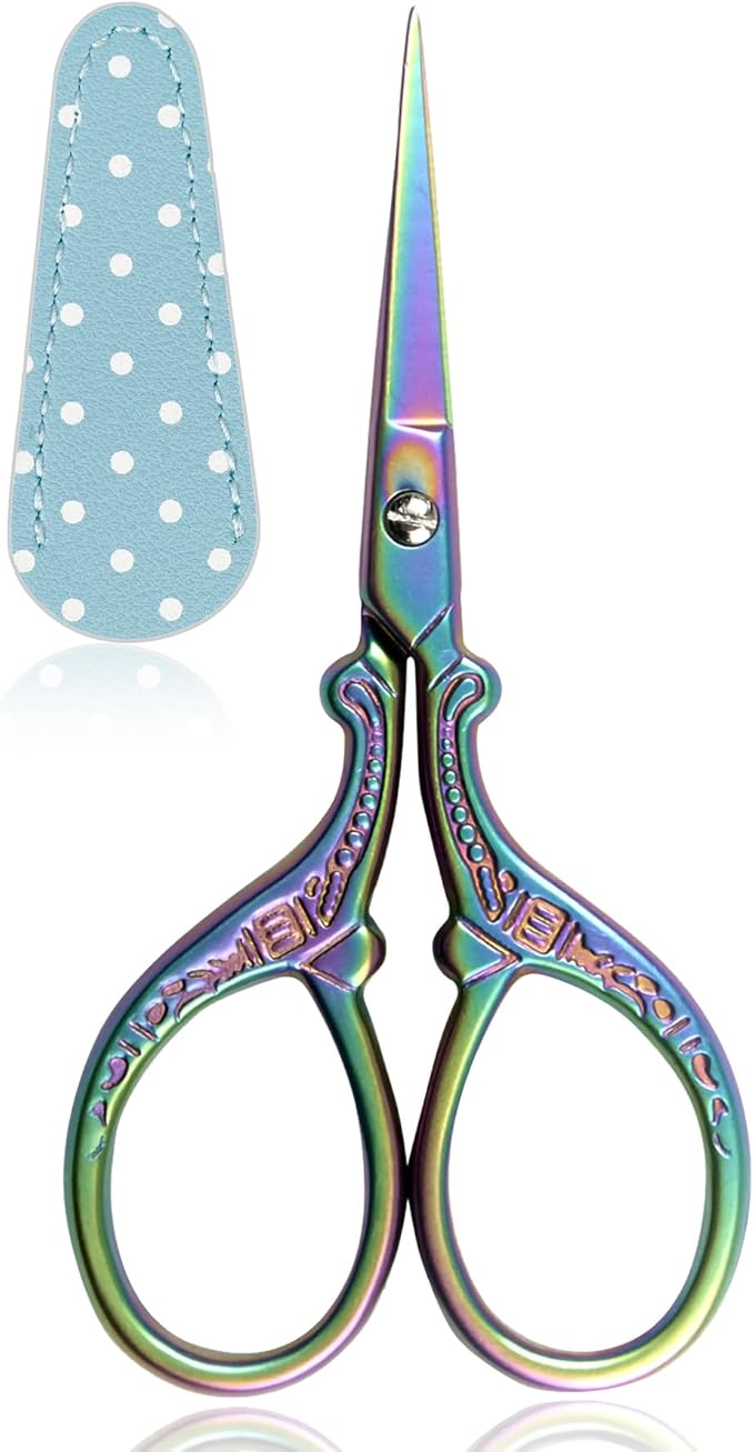 BIHRTC Small Craft 3.6inch Rainbow Scissor with Leather Cover Stainless Steel Sharp Tip Shears Scissors for Cross Stitch Sewing Crafting Art Work Threading Needlework Knitting