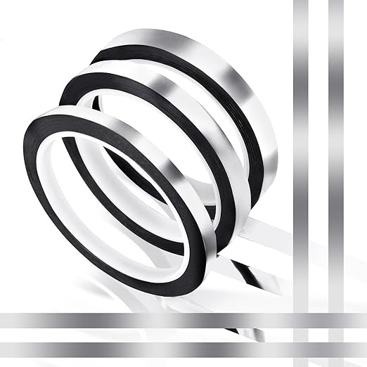 164 Yard Silver Metallic Tape, Decorative Self Adhesive Masking Tape Metallic Mirror Tapes for Wall Decor Graphic Art Tapes Crafts for Car Furniture Graphic Arts Walls Decor (1.27/1/0.67cm, 3 Roll)