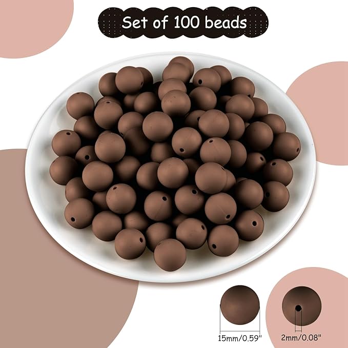 ASTARON 100 Pcs 15mm Silicone Beads for Keychain Making, Coffee Brown Round Rubber Beads for Bracelets Beadable Pens Decorations Crafts Making Party Favours Supplies